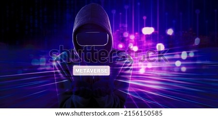Double exposure of hooded hacker using goggles VR while showing metaverse word in the cyberspace with virtual screen background Royalty-Free Stock Photo #2156150585