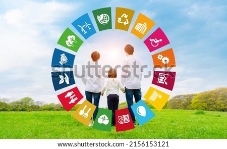 Family and sustainable society concept. Environmental technology. Sustainable development goals. SDGs. Royalty-Free Stock Photo #2156153121