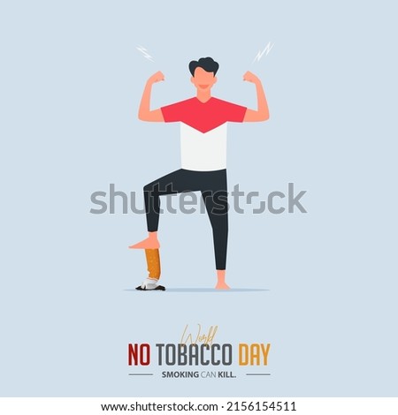 May 31st World No Tobacco Day banner design. A man steps on cigarette butt for quit smoking concept. Stop smoking poster for disease warning. No smoking sign. Cartoon Vector Illustration.