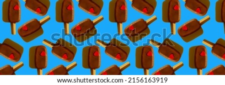 Collage of modern art. Chocolate popsicle. ice cream stick with red heart on bright blue paper background, with hard shadow. Creative summer food or love valentine day concept.