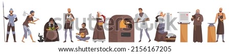 Medieval people set vector illustration. Cartoon knight warrior in armor, priest and beggar, family of peasants, blacksmith person in historic costumes isolated white. Middle age, fairytale concept Royalty-Free Stock Photo #2156167205