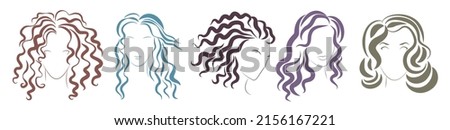 Female hair style set in line vector illustration. Abstract sketch silhouettes and portraits of stylish women heads with different curly glamour hairstyles. Fashion, hairdressers salon concept Royalty-Free Stock Photo #2156167221