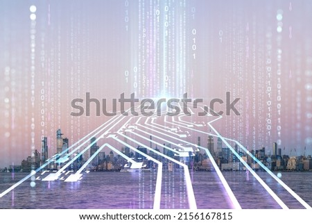 New York City skyline from New Jersey over Hudson River with Hudson Yards skyscrapers at sunset. Manhattan, Midtown. Artificial Intelligence concept. AI, machine learning, neural network, robotics