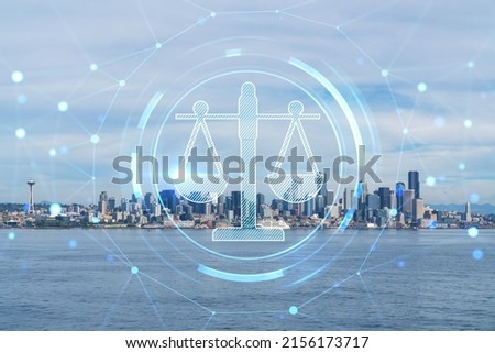Seattle skyline with waterfront view. Skyscrapers of financial downtown at day time, Washington, USA. Glowing hologram legal icons. The concept of law, order, regulations and digital justice