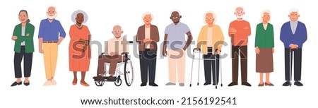 Elderly people characters set. Happy seniors, old men and women of different nations in full growth on an isolated background. Vector illustration in flat style Royalty-Free Stock Photo #2156192541