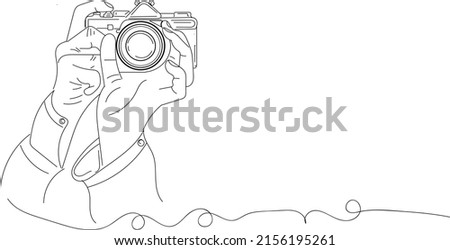 Camera logo, Photography logo, Outline sketch drawing of hand holding still camera, line art vector illustration of photography camera Royalty-Free Stock Photo #2156195261