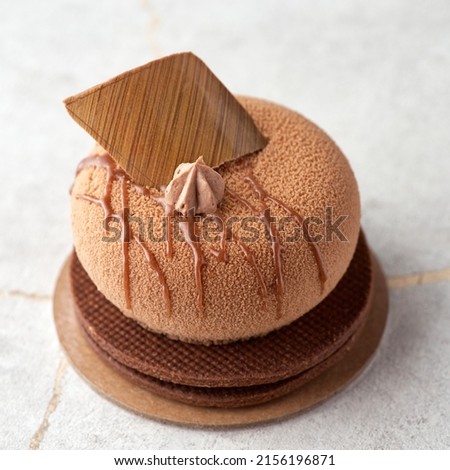 Mini mousse pastry dessert covered with chocolate velor on a stone background. Modern European cake. french cuisine