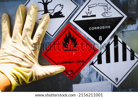 Warning symbol for chemical hazard on chemical container Royalty-Free Stock Photo #2156211001