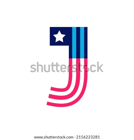 J letter logo made of American Stars and Stripes flag. Vector font for US history and 4th of July celebration in flat style. Perfect for Independence Day cards, invitations, banners. Royalty-Free Stock Photo #2156223281
