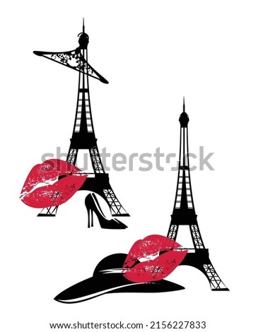 eiffel tower silhouette outline with luxurious fashion accessories and red lips kiss mark - haute couture Paris vector design set