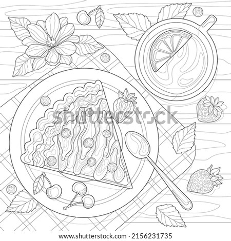 Cake with cream, chocolate and bluberries on the dish, cup of tea, lemon, strawberries, cherries, flower and leaves, serviette. Food illustration, white isolated background. For coloring book.