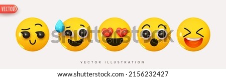 Set Icon Smile Emoji. Realistic Yellow Glossy 3d Emotions face surprised, image romantic, loud laughter, nervous experience and calm. Pack 30. Vector illustration Royalty-Free Stock Photo #2156232427