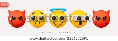 Set Icon Smile Emoji. Realistic yellow glossy 3d emotions face evil and angel. Emoticons collection. Pack 35. Vector illustration Royalty-Free Stock Photo #2156232691