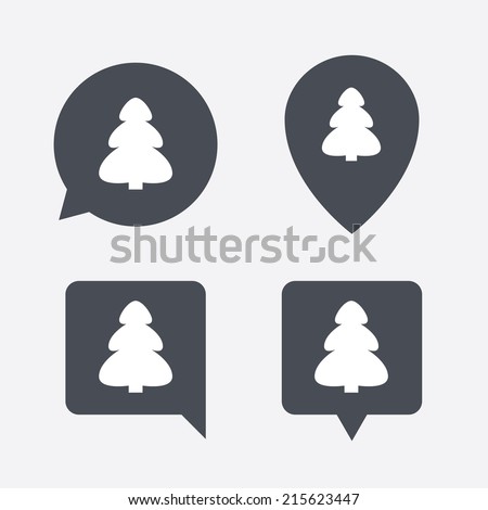 Christmas tree sign icon. Holidays button. Map pointers information buttons. Speech bubbles with icons. Vector