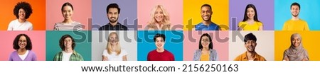 Collage of diverse ethnicity young people posing on colorful studio backgrounds, group headshots of smiling multicultural millennial people smiling at camera, set of closeup portraits, panorama Royalty-Free Stock Photo #2156250163