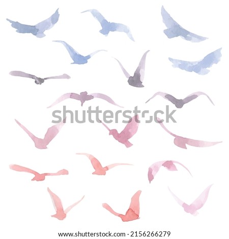 Hand drawn watercolor colorful silhouettes of birds. Pink, orange, violet and blue colors. Vector traced set.