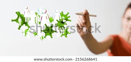 A 3D render of virus signs and a female pointing on blurry background