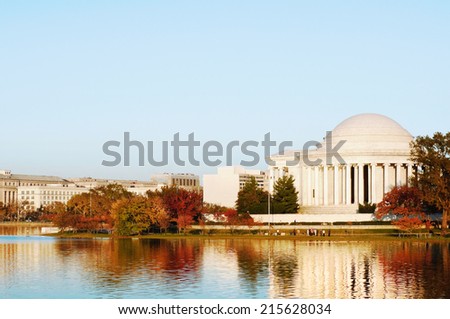 Peaceful City Scene, Washington, DC. Landmark Thomas Jefferson Memorial in Fall. View from Tidal Basin, early Autumn evening. 