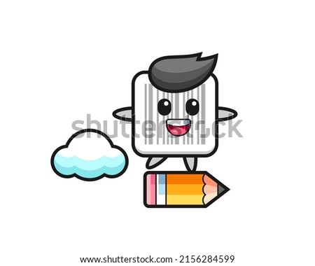 barcode mascot illustration riding on a giant pencil , cute design