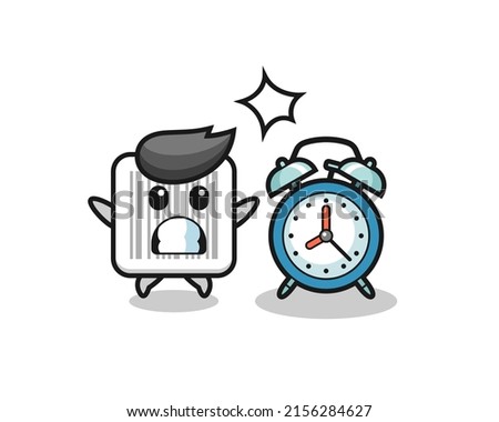 Cartoon Illustration of barcode is surprised with a giant alarm clock , cute design