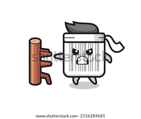 barcode cartoon illustration as a karate fighter , cute design