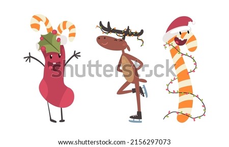 Funny Christmas characters set. Sock, candy cane and cute reindeer cartoon vector illustration