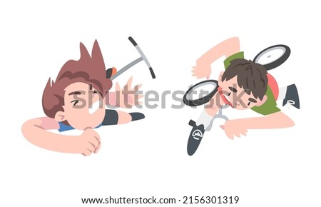 View from above of boys falling down from kick scooter and bicycle cartoon vector illustration