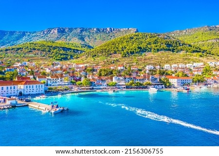Aerial view at Bol town in Croatia, Island Brac tourist resort. Royalty-Free Stock Photo #2156306755