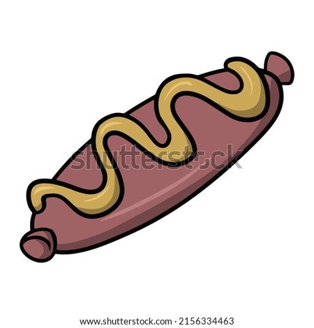 Delicious juicy sausage grilled and sprinkled with mustard, vector illustration on a white background