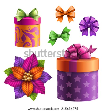 festive gift boxes and bows, set of assorted holiday clip-art objects, illustration isolated on white background