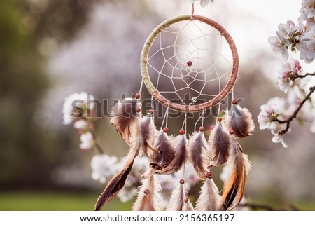 Dreamcatcher hanging on blooming tree in wind at springtime. Magical and ritual ornament for good dreaming Royalty-Free Stock Photo #2156365197