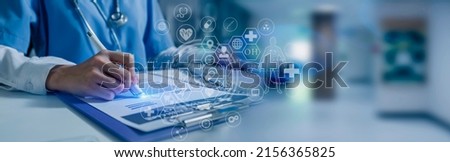 Double exposure of healthcare And Medicine concept. Doctor and modern virtual screen interface, blurred background.