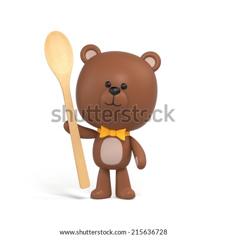 3d render, cute little chocolate teddy bear, cartoon character design, holding spoon, toy clip art isolated on white background, digital illustration