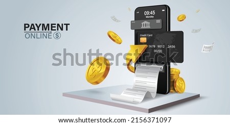 The credit card is on the smartphone and there are coins around it.Mobile payment concept without ATM or bank.
Cashback via mobile application or via credit card.
Paying bill using mobile phone bill. Royalty-Free Stock Photo #2156371097