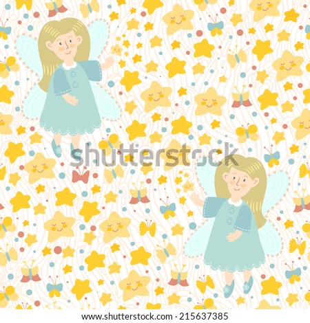 Vector seamless pattern with bright hand drawing elements: stars, butterflies and fairy. Cute repeating texture for children