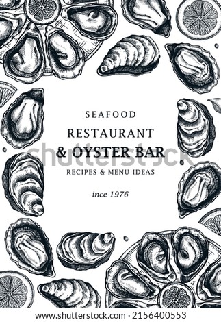 Cooked oysters menu design. Shellfish and seafood restaurant or delivery design element. Hand drawn oyster on plate with lemon and raw shellfish sketches. For menu, recipes, flyers or invitation.
