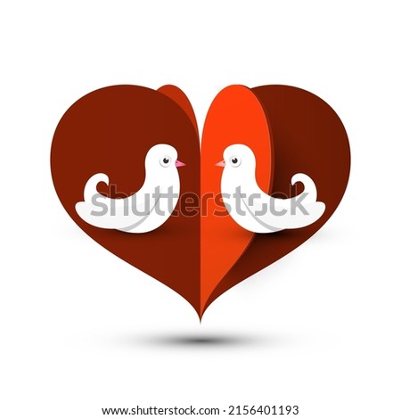 Two birds with heart on background - vector paper cut design - love symbol, wedding card template