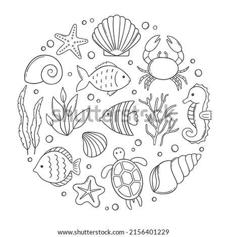 Set of sea life doodle. Underwater elements: shells, fish, corals and seaweed in sketch style. Hand drawn vector illustration isolated on white background.