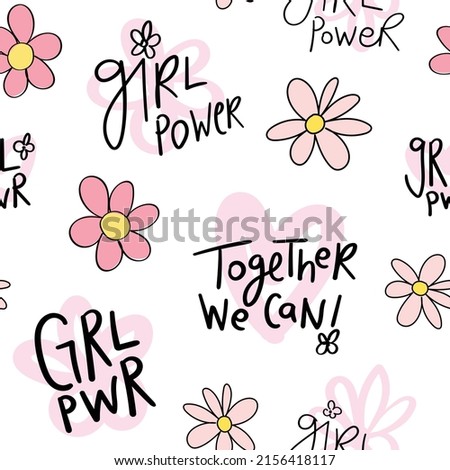 Girl power concept text, cute pink flower and heart drawings. Seamless pattern repeating texture background design for fashion graphics, textile prints, fabrics, wallpapers. Royalty-Free Stock Photo #2156418117