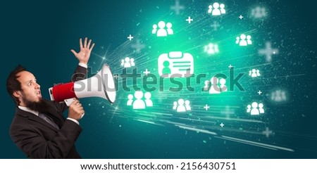 Young person with megaphone and social networking icon