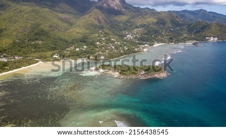 Aerial view of the beautiful coastline of Mahe, Seychelles 