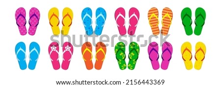 Summer flip flop vector icon, beach  slipper, pool shoe, sea sandal set bright pattern, cartoon rubber footwear isolated on white background. Cute illustration Royalty-Free Stock Photo #2156443369