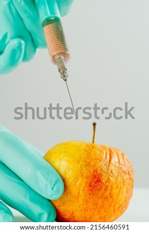 A hand in a medical glove inserts a syringe into apple. Harmful food additives. GMOs Concept. Injecting on apple at laboratory. Fruit genetic modification concept. Royalty-Free Stock Photo #2156460591