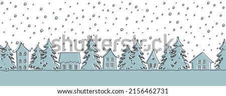 Winter background. Seamless border. There are gray blue houses and fir trees on a white background. Vector illustration