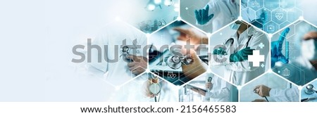 Healthcare and medical doctor working with professional team in physician, nursing assistant, laboratory research and development. Medical technology service to solve people health, Medical business.  Royalty-Free Stock Photo #2156465583