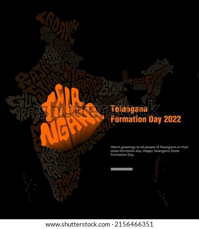 Happy Telangana Formation Day 2022. Telangana map typography. Royalty-Free Stock Photo #2156466351