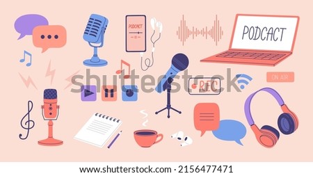 Set of record studio device. Laptop, headphones, microphones, speaker. Concept of podcast, radio, broadcasting. Hand drawn vector illustration isolated on light background. Flat cartoon style.