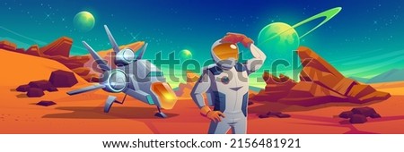 Astronaut and spaceship on Mars surface. Vector cartoon illustration of cosmonaut in helmet and suit explore outer space, standing on alien planet landscape with mountains and shuttle Royalty-Free Stock Photo #2156481921