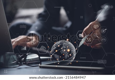Businessman working on digital tablet computer. Business global internet network technology, social media marketing, Financial and banking, Data link, digital technology and global business concept Royalty-Free Stock Photo #2156484947