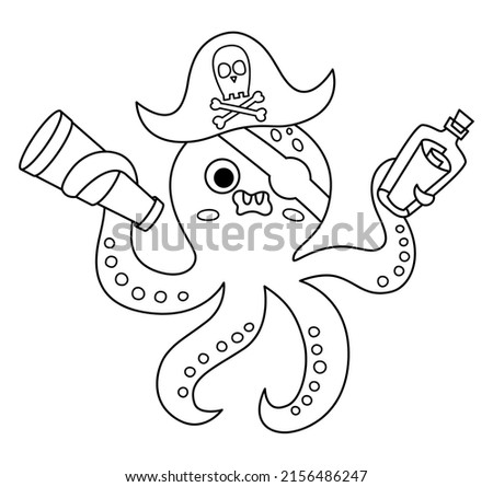 Black and white vector pirate octopus icon. Cute line sea animal illustration. One eye treasure island hunter with eye patch, telescope and bottle with map. Funny pirate party or coloring page   Royalty-Free Stock Photo #2156486247